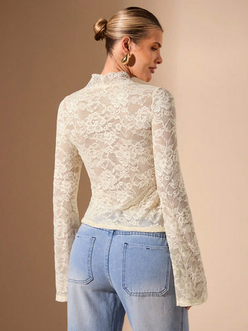 BAE Women's Black Long Sleeve Top, Sexy Deep V-Neck Lace Flare Sleeve Sheer Simple Elegant