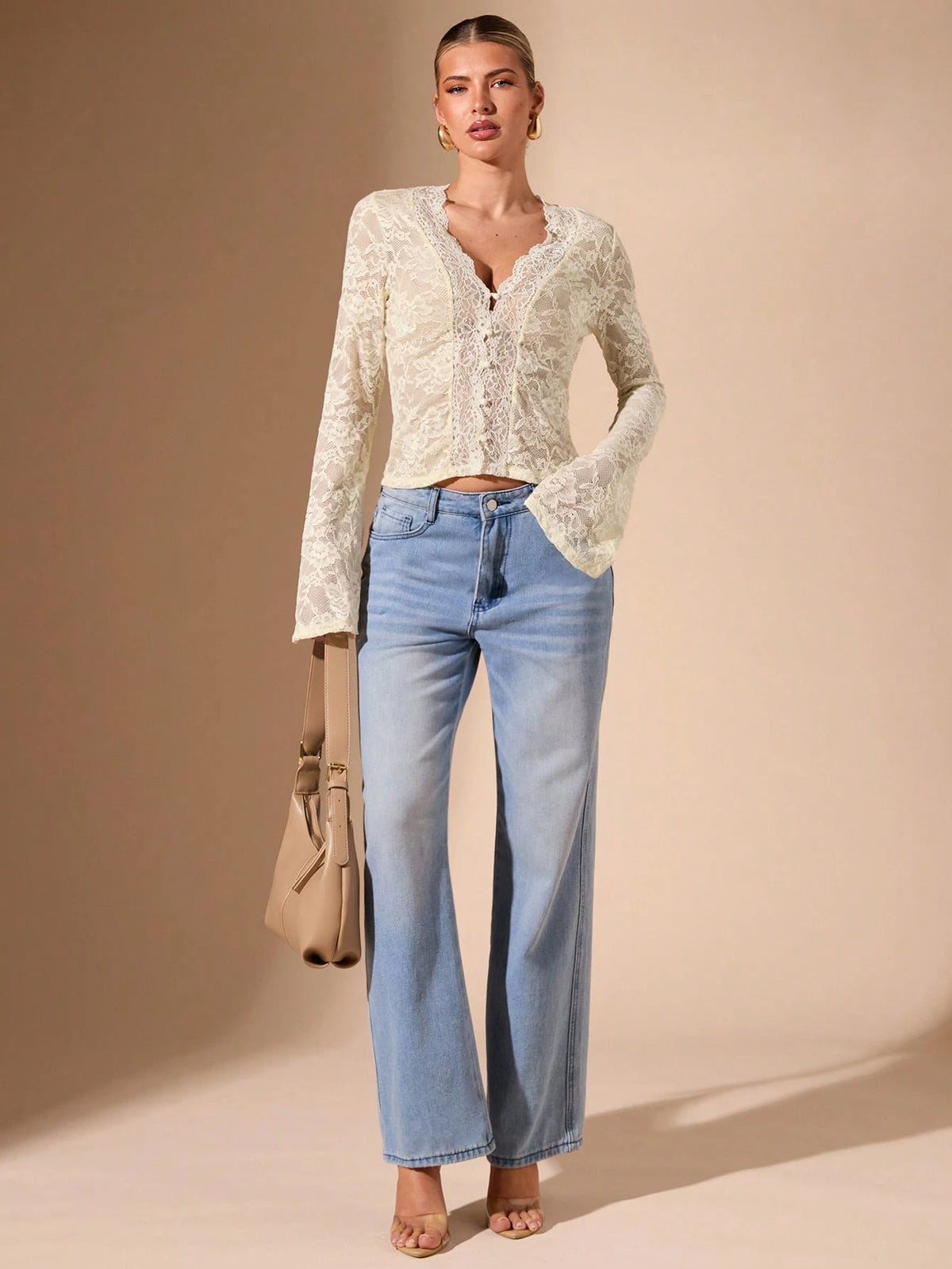 BAE Women's Black Long Sleeve Top, Sexy Deep V-Neck Lace Flare Sleeve Sheer Simple Elegant