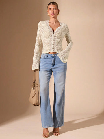 BAE Women's Black Long Sleeve Top, Sexy Deep V-Neck Lace Flare Sleeve Sheer Simple Elegant