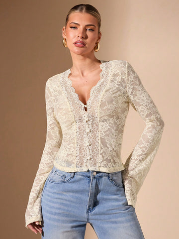 BAE Women's Black Long Sleeve Top, Sexy Deep V-Neck Lace Flare Sleeve Sheer Simple Elegant