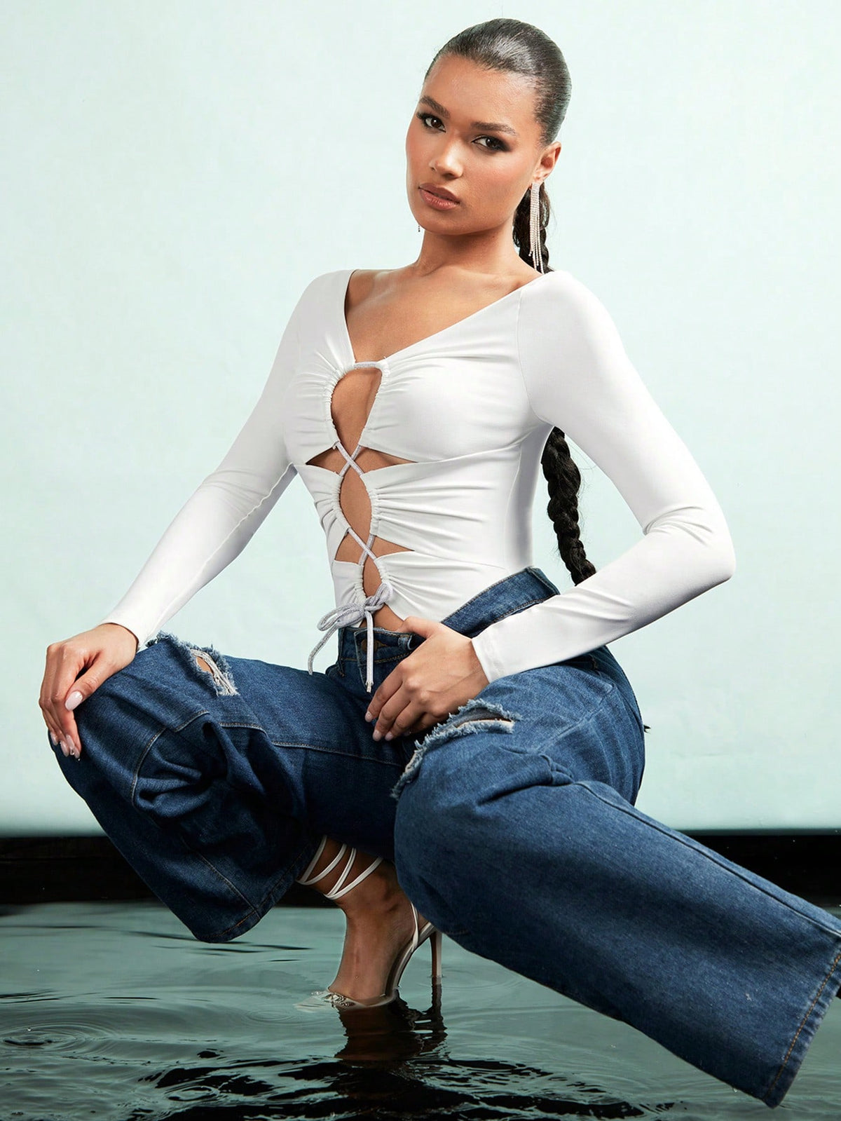 Women's Bodycon Bodysuit With Ruched Cross Bandage And Long Sleeve