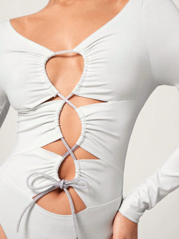 Women's Bodycon Bodysuit With Ruched Cross Bandage And Long Sleeve