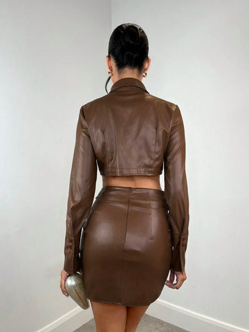 BAE Women's Brown Chocolate PU Leather Daily High Street Minimalist Button Decor Front Open Collar Short Woman Shirt, Fall Shirts, Long Sleeve Women Shirts, Women Blouses