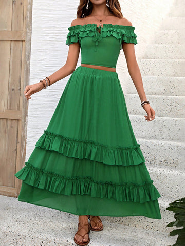 Women's Casual European And American Style Ruffle Hem Shirt & Half Skirt Set For Daily Wear And Vacation