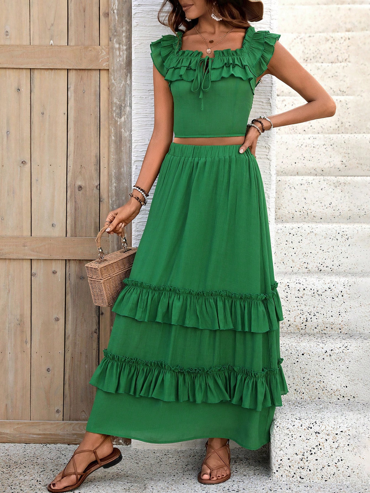 Women's Casual European And American Style Ruffle Hem Shirt & Half Skirt Set For Daily Wear And Vacation