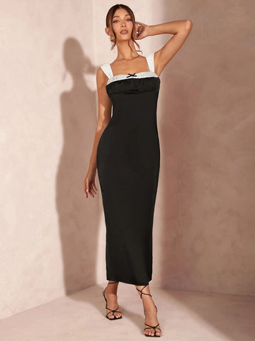 Women's Color Block Patchwork Bow Neckline Pajama Style Satin Long Dress, Sexy And Elegant Black Dress