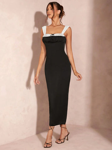 Women's Color Block Patchwork Bow Neckline Pajama Style Satin Long Dress, Sexy And Elegant Black Dress