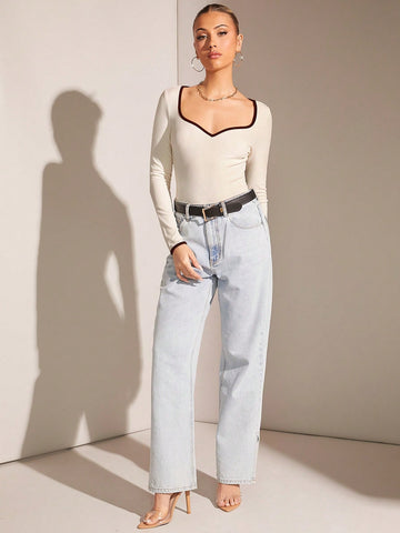 Women's Colorblocked Knit Bodysuit With Ribbed Sweetheart Neckline
