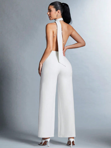 Women's Deep V-neck Halter Jumpsuit With Open Back