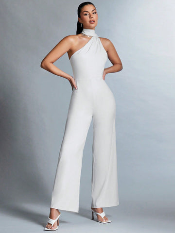 Women's Deep V-neck Halter Jumpsuit With Open Back