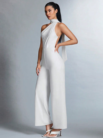Women's Deep V-neck Halter Jumpsuit With Open Back