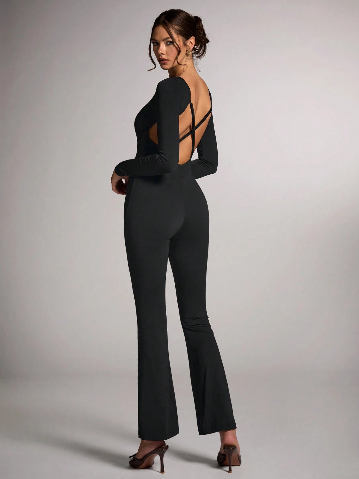 Women's Elegant Black Solid Color Round Neck Long Sleeve Backless Jumpsuit, Suitable For Commuting, Cocktail Party, Carnival Party, Concert, Nightout, Autumn