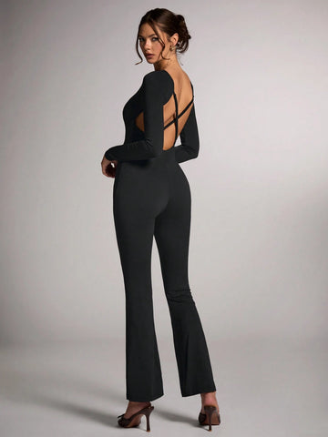 Women's Elegant Black Solid Color Round Neck Long Sleeve Backless Jumpsuit, Suitable For Commuting, Cocktail Party, Carnival Party, Concert, Nightout, Autumn