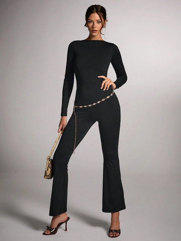 Women's Elegant Black Solid Color Round Neck Long Sleeve Backless Jumpsuit, Suitable For Commuting, Cocktail Party, Carnival Party, Concert, Nightout, Autumn