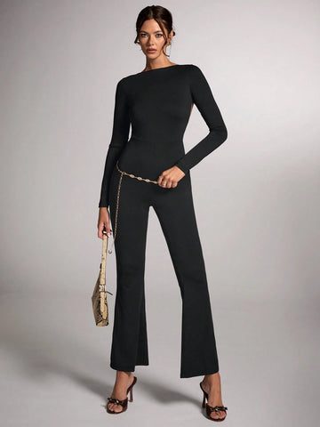 Women's Elegant Black Solid Color Round Neck Long Sleeve Backless Jumpsuit, Suitable For Commuting, Cocktail Party, Carnival Party, Concert, Nightout, Autumn