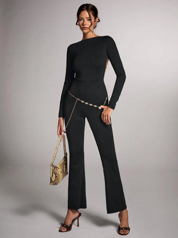Women's Elegant Black Solid Color Round Neck Long Sleeve Backless Jumpsuit, Suitable For Commuting, Cocktail Party, Carnival Party, Concert, Nightout, Autumn