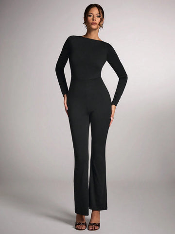 Women's Elegant Black Solid Color Round Neck Long Sleeve Backless Jumpsuit, Suitable For Commuting, Cocktail Party, Carnival Party, Concert, Nightout, Autumn