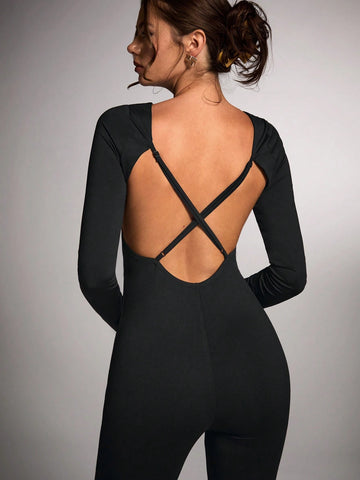 Women's Elegant Black Solid Color Round Neck Long Sleeve Backless Jumpsuit, Suitable For Commuting, Cocktail Party, Carnival Party, Concert, Nightout, Autumn