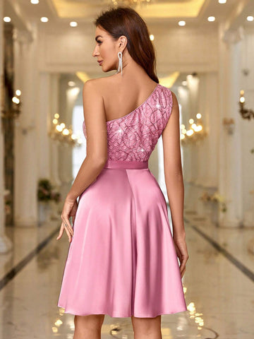 Women's Elegant Cocktail Dress With Beaded Embroidery And Color Block Design Off-Shoulder