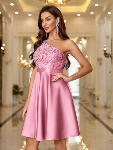 Women's Elegant Cocktail Dress With Beaded Embroidery And Color Block Design Off-Shoulder