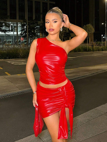 Women's Elegant PU Leather Asymmetric Draped Strap Dress Suit, Suitable For Casual Dating, Nightclub, Party, Halloween