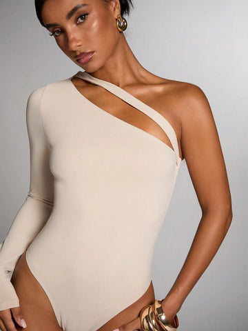 Women's Elegant Solid Color Asymmetrical Neckline Bodysuit, Autumn