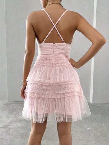 Women's Elegant Solid Color Mesh Slip Dress, Summer