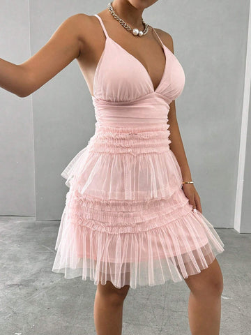 Women's Elegant Solid Color Mesh Slip Dress, Summer