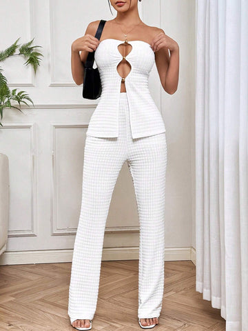 Women's Elegant White Hollow Out Strapless Top And Pants Set