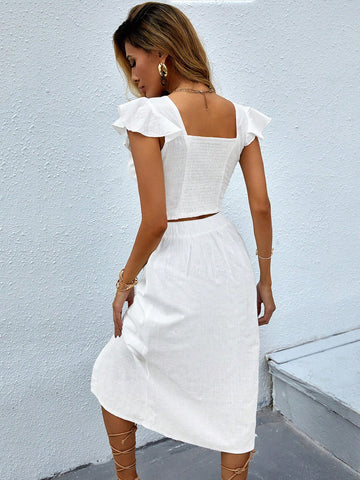 Women's European And American Style Fashionable Off-Shoulder Top With Ruffle Sleeve And Personality Fit Long Skirt, 2pcs/Set