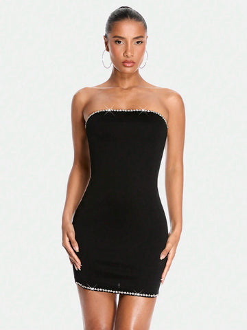 Women's Exquisite Black Rhinestone Sparkling Strapless Mini Bodycon Dress For Summer