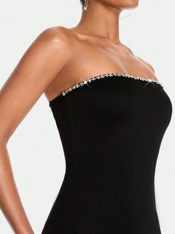 Women's Exquisite Black Rhinestone Sparkling Strapless Mini Bodycon Dress For Summer