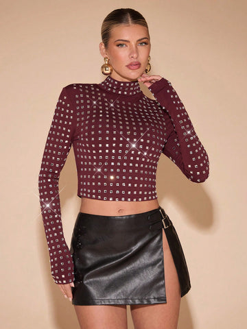 Women's Fashion Rhinestone Decor Stand Collar Cropped T-Shirt
