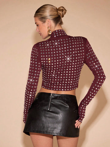 Women's Fashion Rhinestone Decor Stand Collar Cropped T-Shirt