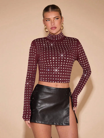 Women's Fashion Rhinestone Decor Stand Collar Cropped T-Shirt