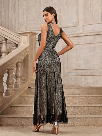 Women's Fashion Solid Color Lace Split Dress