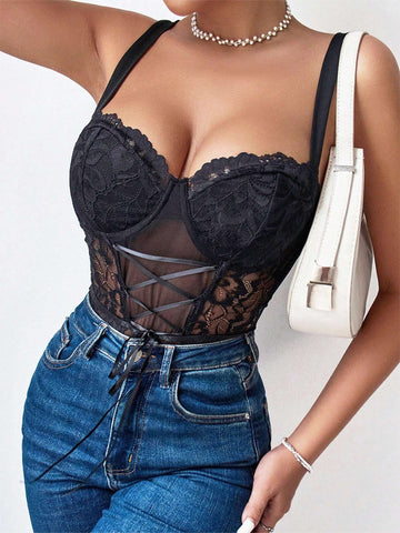 Women's Fashion Solid Color Lace Strap Bodysuit