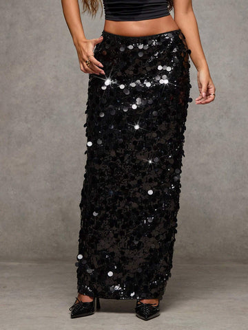 BAE Women's Fashionable Sequin Slit Back Skirt, Suitable For Party And Gatherings
