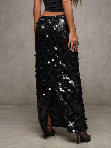 BAE Women's Fashionable Sequin Slit Back Skirt, Suitable For Party And Gatherings