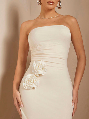 BAE Women's Floral Decorated High Slit Strapless Dress