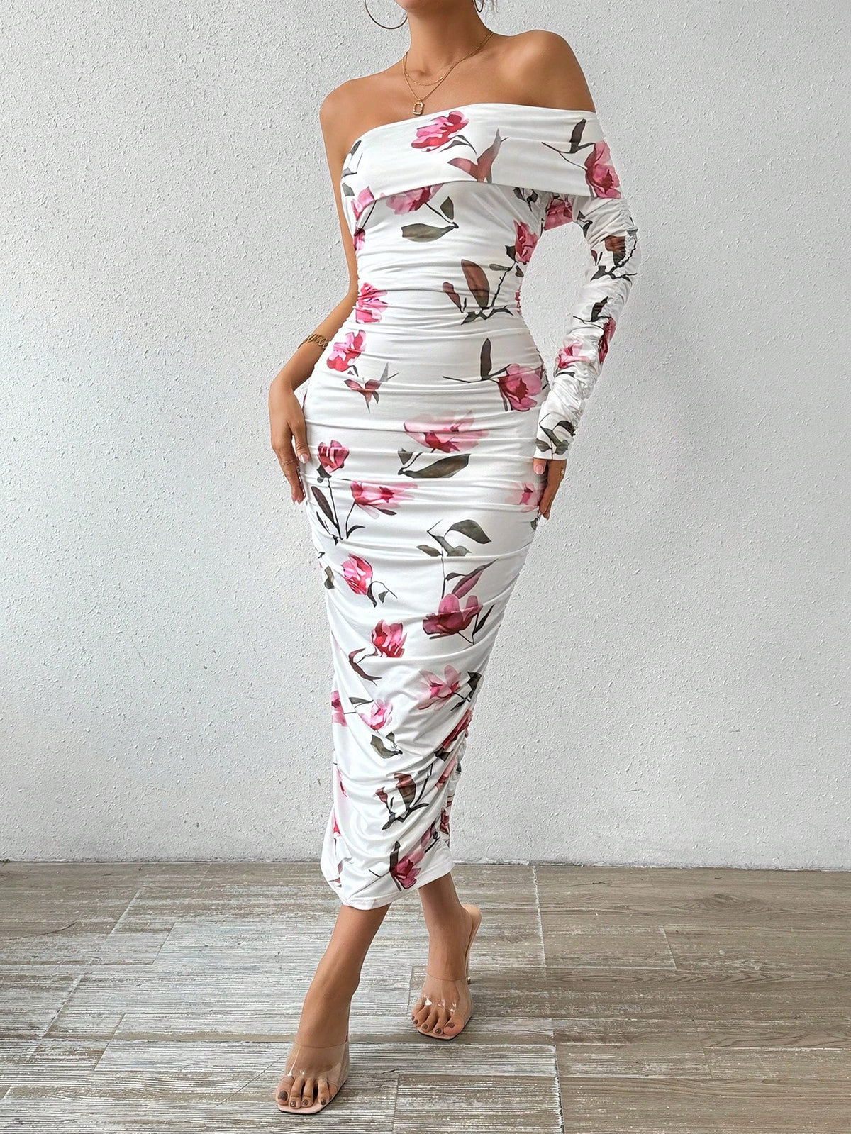 BAE Women's Floral Print Off-Shoulder Bodycon Dress With Ruffle Design