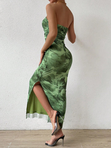 Women's Floral Print Side Slit Slim Fit Mesh Bandeau Dress