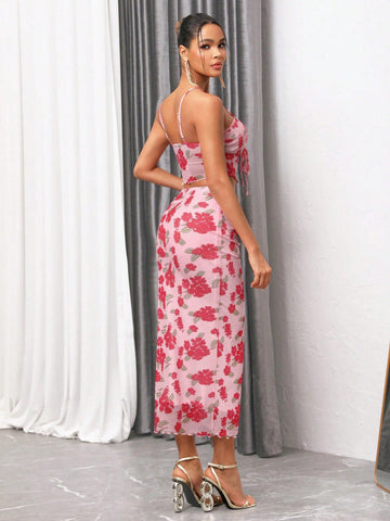 Women's Floral Printed Front Tie Camisole Top And Skirt Set