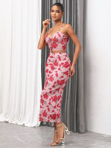 Women's Floral Printed Front Tie Camisole Top And Skirt Set