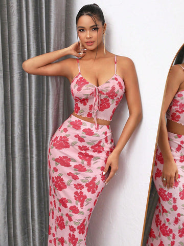Women's Floral Printed Front Tie Camisole Top And Skirt Set