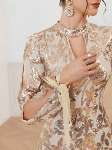 Women's Glitter Embroidery Decor Collar, Hollow Out Sleeve Cuff, Belted Romper