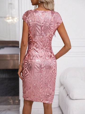 Women's Glitter Geometric Square Neck Flounce Sleeve Dress