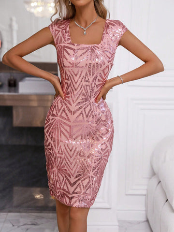 Women's Glitter Geometric Square Neck Flounce Sleeve Dress