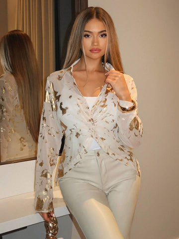 BAE Women's Gold Foil Print Simple Casual Long Sleeve Shirt