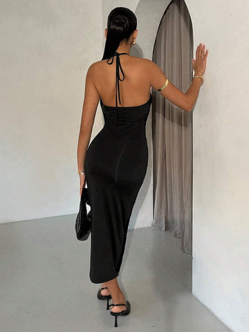 Women's Graduation Ceremony Dress, Solid Black Vacation Party Fringed Halter Bodycon Summer